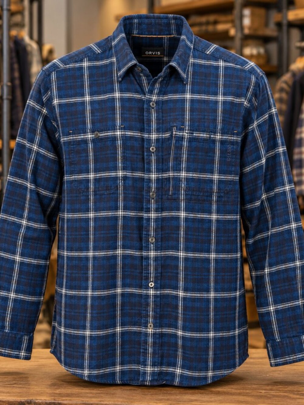 Orvis Men's Large Blue Plaid Cotton Button-Up Shirt